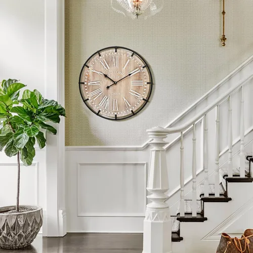 Vista 6 de Reloj de pared grande de granja, reloj de pared de madera rústica de 24 pulgadas decorativo con círculo de metal y números grabados, funciona