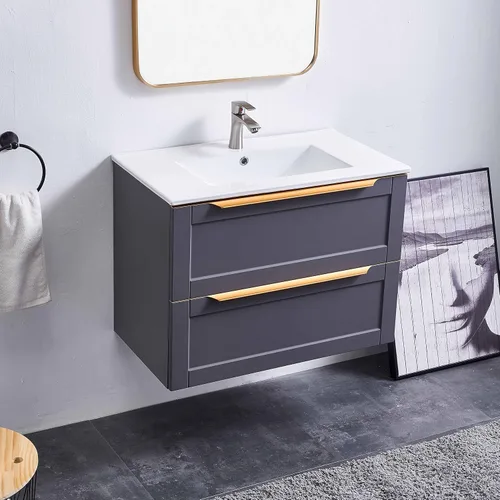 Vista 3 de Vanidad flotante de 30 pulgadas, juego de tocador de baño de montaje en pared azul, tocador de baño moderno con fregadero, armario de baño combinado