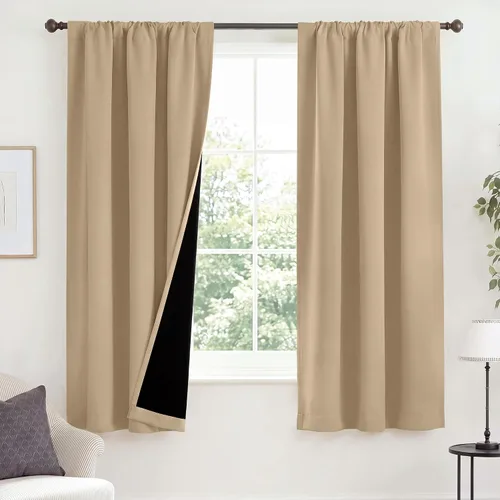 Vista 139 de NICETOWN Biscotti Beige 100% Cortinas opacas de 45" de largo para cocina, bolsillo con varilla para sótano completamente opaco, cortinas térmicas