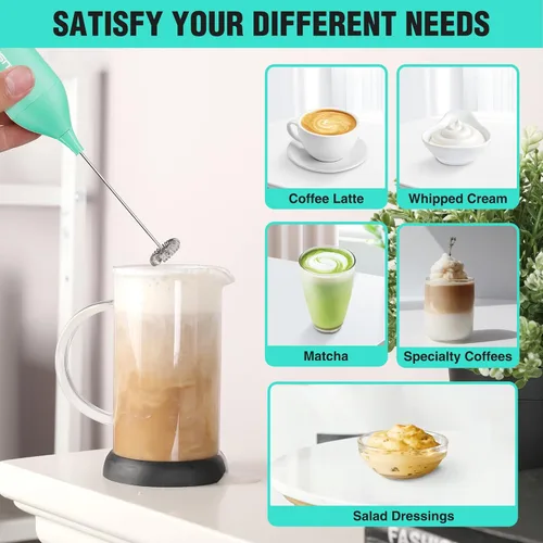 Vista 8 de HAUSHOF Potente varita espumadora de leche recargable con soporte, espumador eléctrico de mano, mezclador de bebidas con batidor de acero inoxidable
