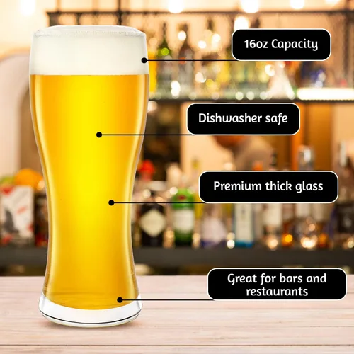 Vista 2 de Kitchen Lux Pilsner - Juego de 6 vasos de cerveza transparentes (16 onzas) High End Beer Glass – Great for pilsners, lagers, wheat beer weizen