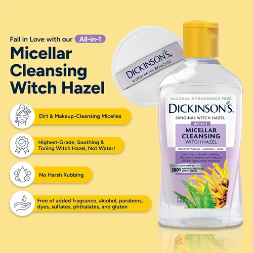 Vista 9 de Dickinson's Agua Micelar Limpiadora de Hamamelis, Un Desmaquillante Todo en 1, Refinador de Poros, Limpiador de Piel y Tónico; Sin Alcohol con Aloe