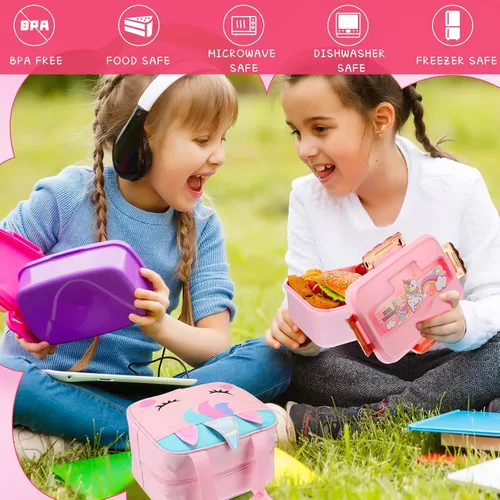 Vista 5 de Lonchera de unicornio para niñas, para guardería, preescolar, bolsa de almuerzo aislada con 4 compartimentos, caja Bento reutilizable, bolsa