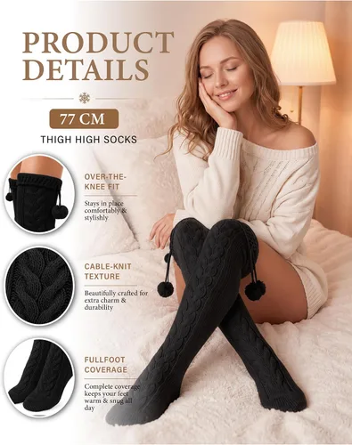 Vista 2 de Pcavin Thigh High Socks for Women, Long Cable Knit Over Knee Boot Stockings 0013 Estilo Negro