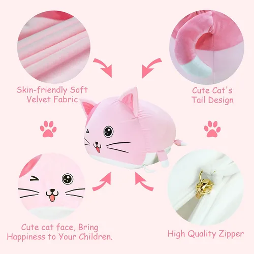 Vista 3 de Anzitinlan Lindo puf de gato para niños, puf de almacenamiento de animales de peluche rosa para decoración de habitación de niñas