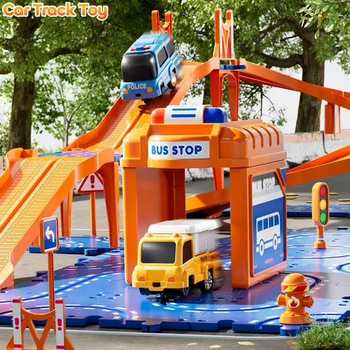 Vista 2 de Puzzle Racer - Juego de pistas de autos para niños, pistas de carreras de 4 niveles para niños de 3 a 5 años con 3 autos, piezas de tráfico