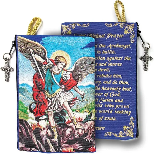 Vista 2 de Bolsa de rosario católico Pequeño Arcángel Miguel y San Miguel Rosario de la Tierra Santa Monedas, joyas y rosario con cremallera colgante de cruz
