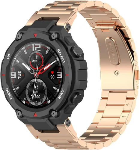 Vista 5 de FitTurn Compatible con las correas Amazfit T-Rex, pulsera elegante de repuesto de acero inoxidable sólido, correa ajustable de metal con Negro