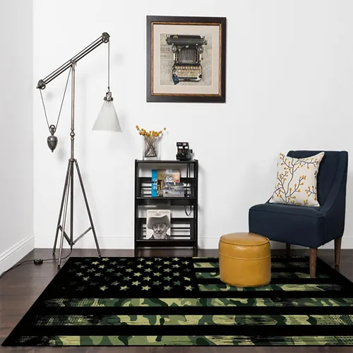 Vista 2 de Alfombra moderna y contemporánea con bandera estadounidense para interiores, 3 x 4 pies, alfombra antideslizante con temática de camuflaje verde