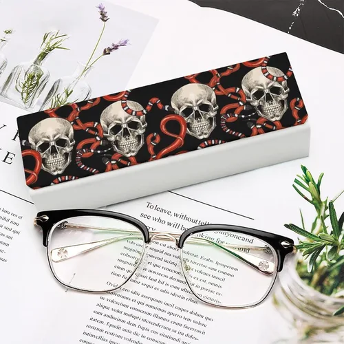Vista 6 de Funda rígida para lentes de sol, diseño de calaveras y serpientes rojas, para hombre y mujer