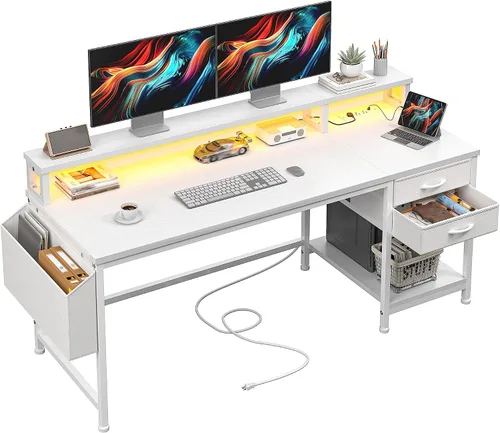 Vista 16 de DurayLoly Escritorio para juegos de 40 pulgadas con cajones y bolsa de almacenamiento, escritorio para computadora con tomas de corriente y luces