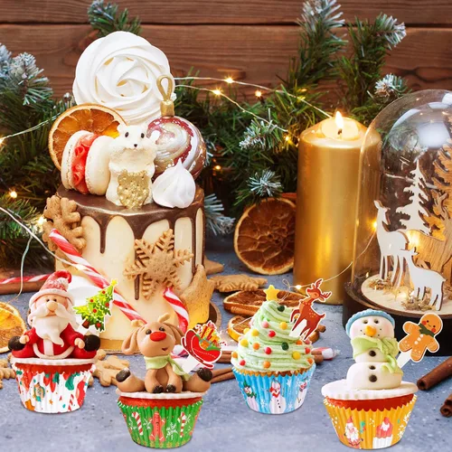 Vista 7 de Forros de cupcakes de Navidad con adornos y púas, envoltorios estándar desechables para cupcakes, tazas para hornear, forros para magdalenas