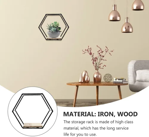 Vista 9 de Happyyami Estante de almacenamiento hexagonal de hierro negro montado en la pared, estante flotante decorativo para plantas suculentas y libros