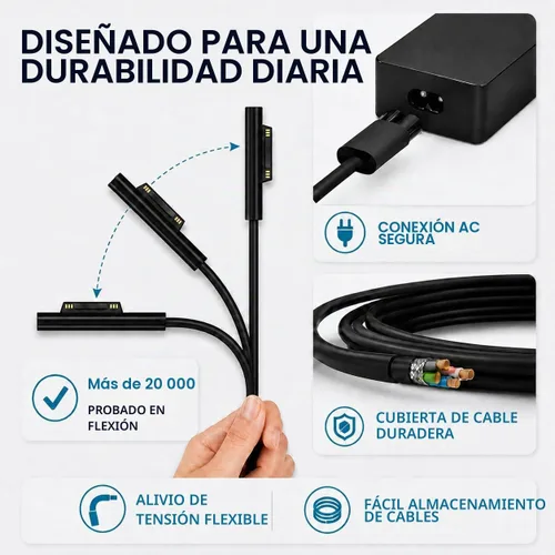 Vista 7 de Cargador Surface Pro de 65 W para Microsoft Surface Pro 7/6/4/3/8/9/11/5 Negro