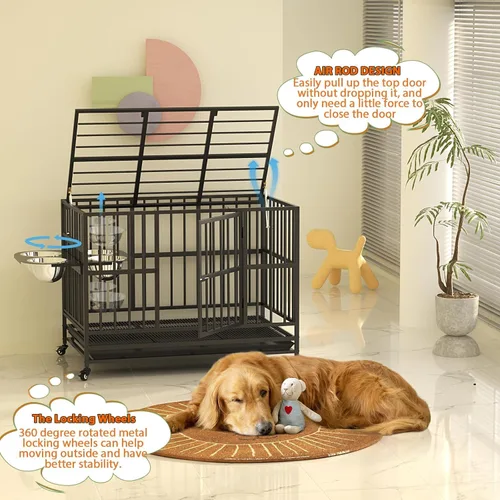 Vista 4 de LOVMOR Jaula para perros resistente de 37 pulgadas con ruedas/varilla de elevación de aire única, 360° y 2 cuencos ajustables, jaula para perros
