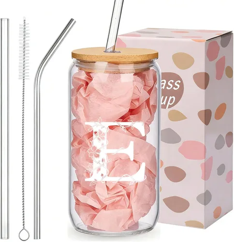 Vista 11 de Regalos personalizados para mujeres, tazas de vidrio con monograma con tapas y pajitas, regalos personalizados para mujeres, vasos de café helado