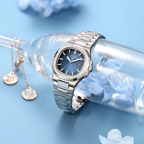 Vista 3 de Reloj de pulsera japonés de cuarzo para mujer, con esfera azul, reloj cuadrado para mujer, resistente al agua, relojes analógicos de cristal, correa