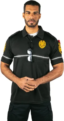 Vista 4 de First Class Camiseta polo con insignia de seguridad y parche para bicicleta con bolsillo con cremallera y rayas reflectantes