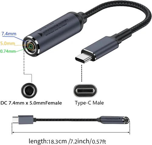 Vista 7 de DC 0.291 in x 0.197 in entrada hembra a USB C PD macho cable de carga de alimentación, 100 W DC7450 a USB tipo C PD salida 5V/9V/20V cable con chip