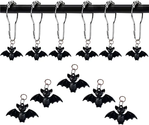 Vista 8 de Ganchos de cortina de ducha de murciélago, 12 piezas de murciélagos de Halloween inoxidables de metal para barras de ducha de baño, decoración