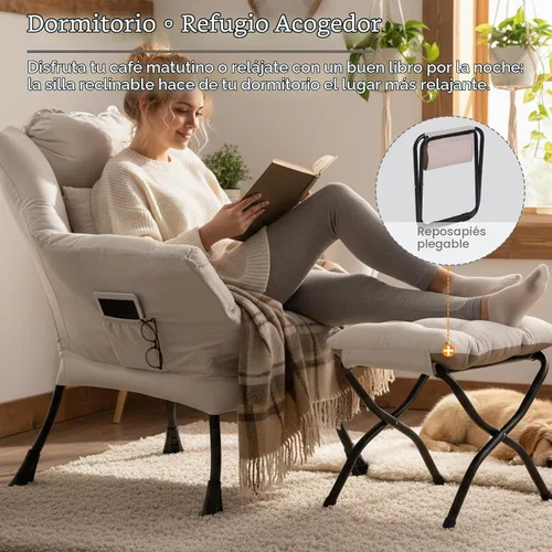 Vista 6 de Silla Lazy con otomana, cómoda silla de lectura para dormitorio Melocotón Beige-1