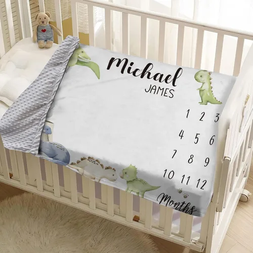 Vista 5 de Manta de hito mensual personalizada para bebé, nombre personalizado con diseño de dinosaurio, fondo de fotografía, manta de felpa suave con respaldo