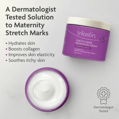Vista 2 de Crema para estrías de TriLASTIN para el embarazo - Prevención de estrías del embarazo y crema para la barriga de embarazadas y aceite