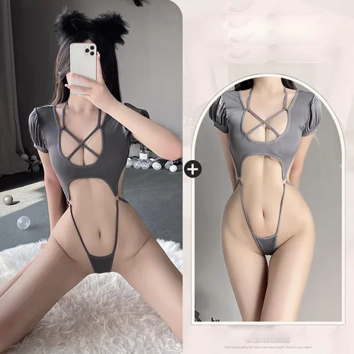Vista 2 de SINGUYUN Body de anime para cosplay, lencería para mujer, vestido kawaii, con cordones, hueco japonés, lencería sexy