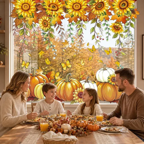 Vista 7 de Natonhi Adhesivos de ventana de otoño, calcomanías de girasol de calabaza Otoño-Naranja