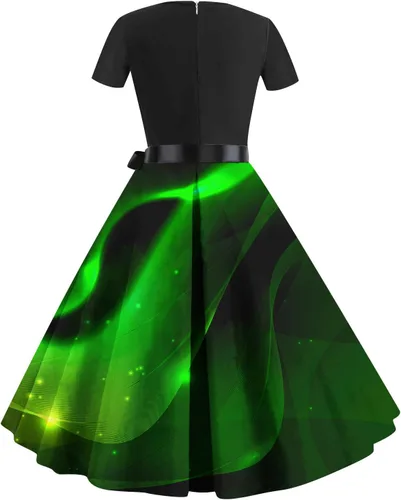 Vista 3 de Vestido acampanado para mujer, estilo Audrey Hepburn, vestido de cóctel con estampado vintage, lazo de los años 50, vestido de fiesta Rockabilly
