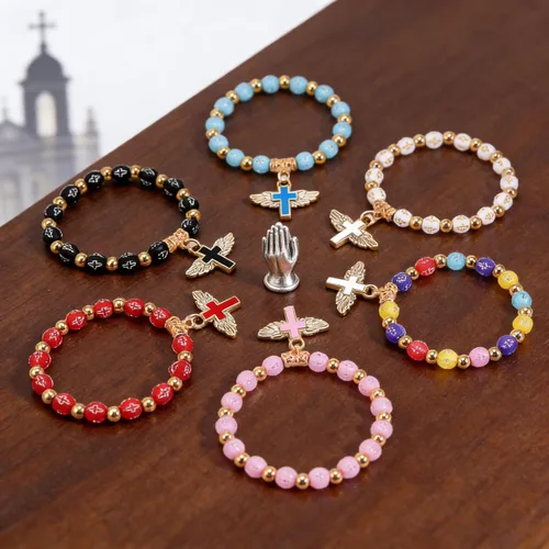 Vista 5 de Juego de 6 pulseras de regalo de ángel de resina, pulseras católicas para hombres y mujeres, primera comunión, Navidad, Pascua, bautismo y día