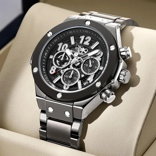 Vista 2 de SENSETONE Mens Watches Quartz Movement Chronograph Stainless Steel Black Strap Fashion Business Sport 30M Waterproof Big Dial Wristwatch Elegant
