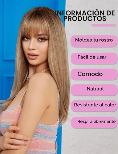 Vista 3 de Pelucas rubias cenizas para mujer, peluca larga recta en capas con flequillo, cabello sintético natural con raíces oscuras Rubio ceniza