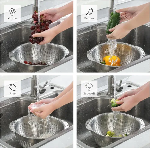 Vista 5 de Colador de Micropozos de Acero Inoxidable 18/8, Gran Capacidad de 2.5 Cuartos con Mango, Cesta Coladora de Alimentos de Cocina para Lavar Verduras