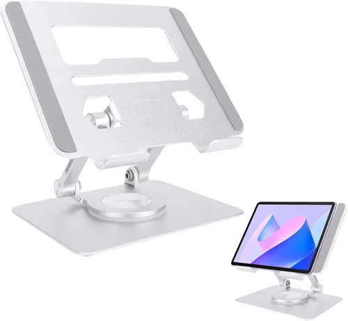 Vista 10 de Goshyda Soporte para tableta, soporte de escritorio de aluminio giratorio 360°, soporte de escritorio ajustable y plegable, universal para tabletas