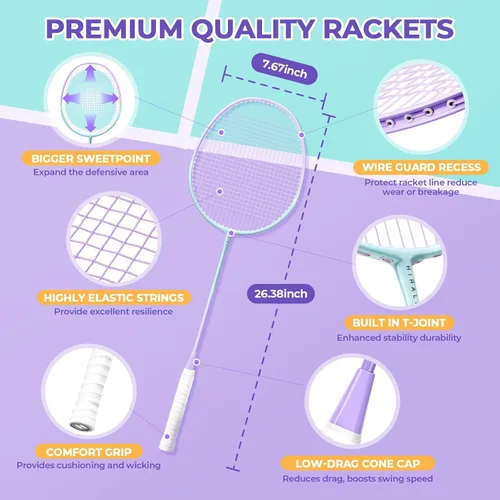 Vista 4 de HIRALIY Badminton Rackets Set for Backyards, Badminton Set, Includ 2/4 Rackets, 6/12 Birdies, 1 Carrying Bag, Outdoor Game for Adult Family Beginner