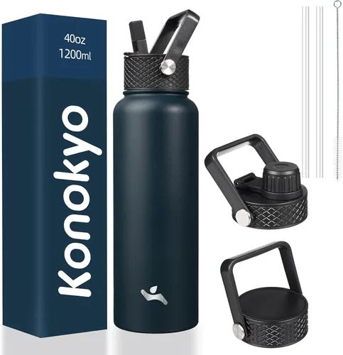 Vista 37 de Konokyo - Botella de agua aislada de 18 onzas, botellas deportivas de acero inoxidable con 3 tapas, verde militar