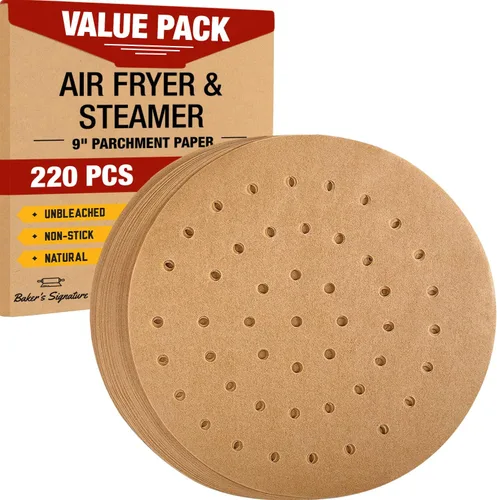 Vista 8 de Forro de bambú para vaporizador, hojas de papel pergamino para freidora de aire de 8.5 pulgadas, 220 bolsas de bambú sin blanquear, fácil limpieza