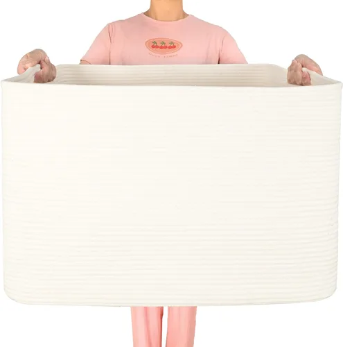 Vista 9 de MINTWOOD Design 112L Canasta Extra Grande para Mantas con Soporte para Sala de Estar, 25"x17"x16" Canasta de Almacenamiento de Cuerda Tejida