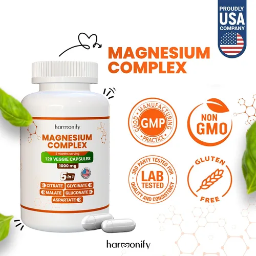 Vista 4 de Citrato de glicinato de magnesio, malato y aspartato gluconato, fórmula 5 en 1, 120 cápsulas vegetales purificadas, 1000 mg, sin gluten, sin OMG, 60