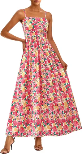 Vista 10 de PRETTYGARDEN Vestido largo de verano para mujer, con tirantes delgados, bohemio, floral, a rayas, para invitadas de boda, playa, vacaciones, vestido