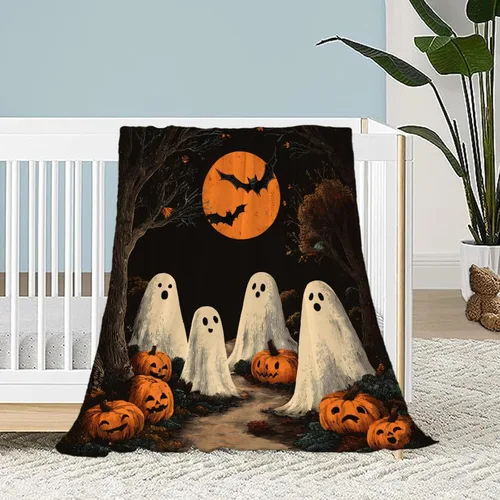 Vista 19 de Manta de Halloween para bebé, mascota pequeña, manta espeluznante de calabazas negras para gatos, manta para cuna, cochecito, decorativa, ligera