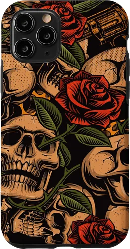Vista 29 de Funda con diseño de tatuajes de flash tradicional para iPhone 17 con diseño retro rojo de rosas de calavera