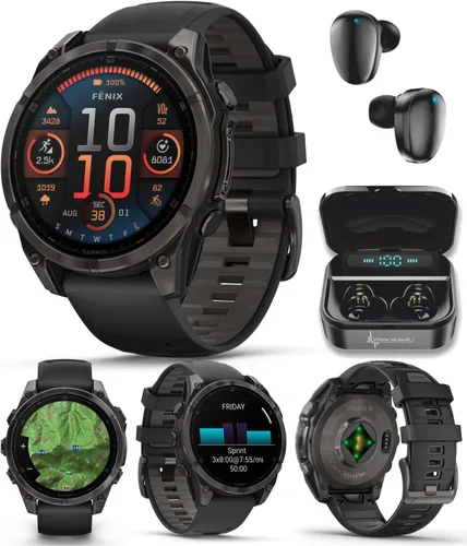 Vista 22 de Garmin Fenix 0.315 – 1.693 in Zafiro, AMOLED Multisport GPS Smartwatch, gris carbón DLC titanio con silicona negro/gris guijarro, linterna LED fenix