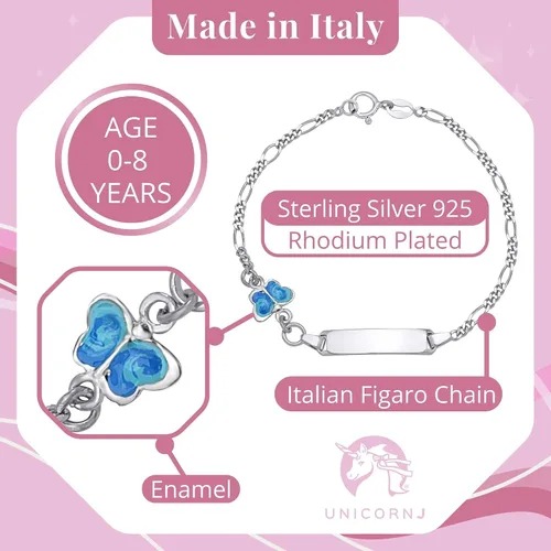 Vista 3 de UNICORNJ 925 Italy Sterling Silver Child or Baby Name Bracelet Girls Boys, Personalized Engraved Kids ID Bracelets, 6.25" Figaro Chain, Enamel Charm