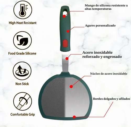 Vista 3 de Juego de 2 espátulas de silicona para utensilios de cocina antiadherentes, espátulas redondas de ángulo ranurado para panqueques de 600 °F Juego