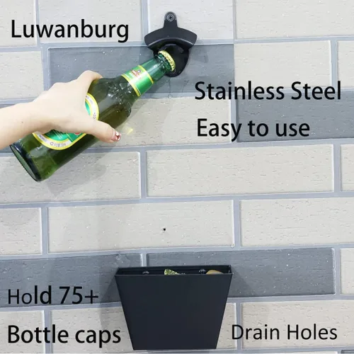 Vista 3 de Abrebotellas de montaje en pared negro con orificios de drenaje de acero inoxidable con captador de tapa