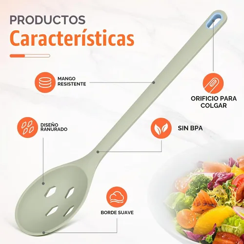 Vista 4 de Cuchara de cocina de silicona, cucharas sólidas y ranuradas Verde