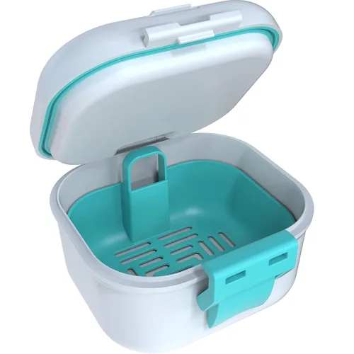 Vista 8 de ARGOMAX Taza de baño de prótesis a prueba de fugas, caja de dentadura portátil para remojo, caja de baño de dentadura con colador, para dentaduras