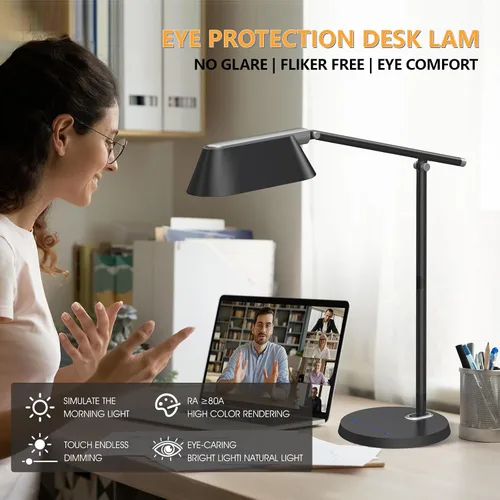 Vista 2 de Lámpara de escritorio para oficina y hogar, luz de escritorio con atenuación continua, fuente de luz más grande, lámpara de escritorio USB de 8 W